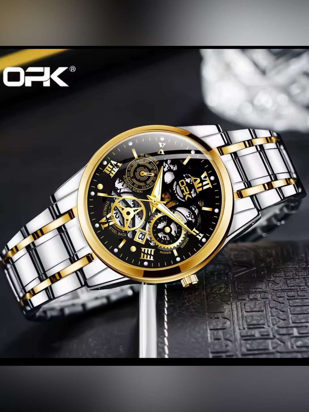 OPk Two-Tone Black Dial Watch with Gold and Silver Bracelet